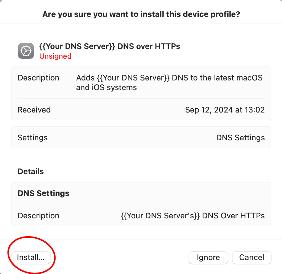 Dialogue to install DNS over HTTPS and DNS over TLS profile