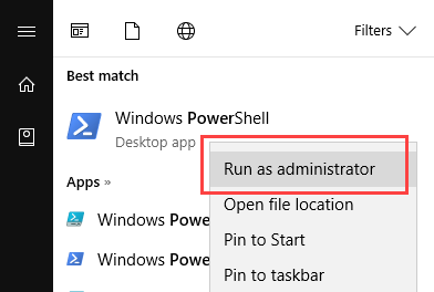 Right-click on PowerShell, then click Run as Administrator.